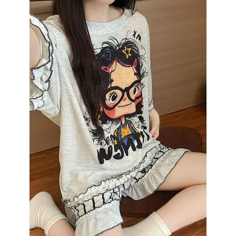 

Adult Padded Pajamas Big Kid Modal Cotton Two-piece Set Women's Home Wear That Can Be Worn Outside Girls Short-sleeve Shorts Set