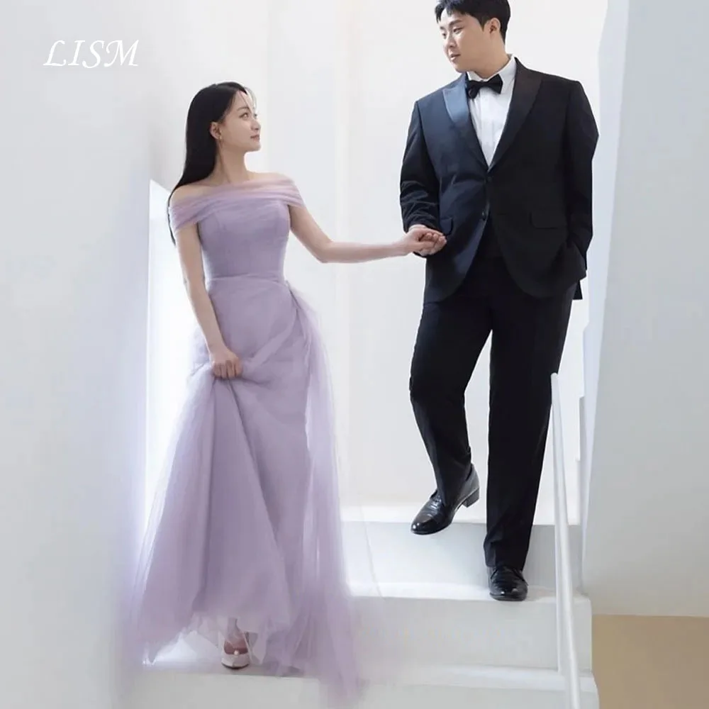 

LISM Customized Purple A-Line Fairy Korea Evening Dress Off Shoulder Silk Tulle Photo Shoot Corset Elegant Prom Gown 웨딩드레스