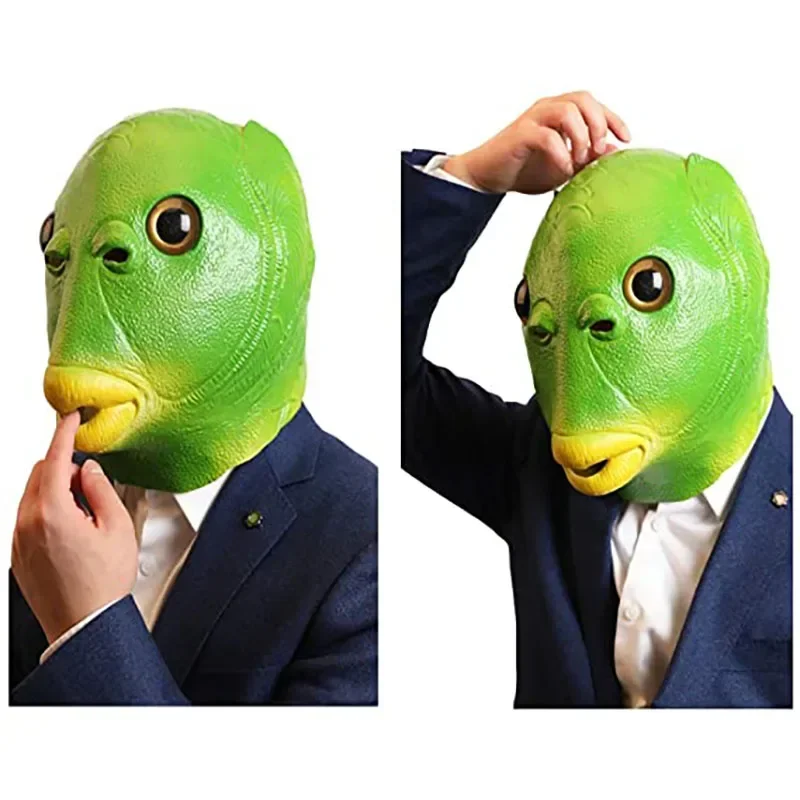 Funny Cosplay Mask for Men and Women Adult Party Fish Head Mask Headdress for Makeup Party Green Head Fish Hood Animal Latex