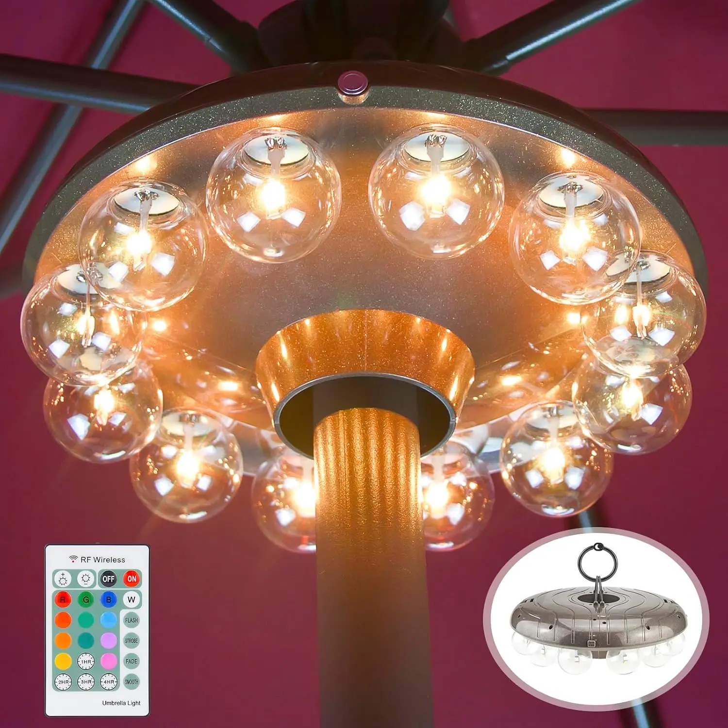 

Светильник для уличного зонта с изменением цвета на 12 оттенков, с пультом ДУ, радиусом действия 80 футов, 48 светодиодами, 4 режимами и таймером для патио, кемпинга, барбекю