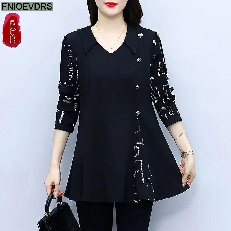 L-5XL 2023 Loose Clothes Women French Design Elegant Office Lady Basic Shirt Button Casual Retro Letter Print Peplum Top Blouse