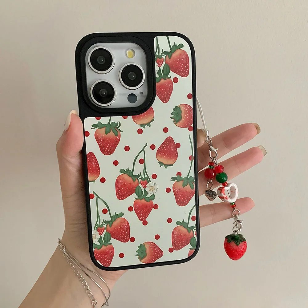 Japan Korea INS Cute Acrylic Wave Point strawberry Fruit Tart Chain Phone Cover Case For iPhone 12 13 14 15 PRO MAX With Pendant