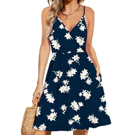 Summer Dress Woman 2025 V-Neck Casual Beach Flowing Mini Dress for Women Elegant Casual Floral Print High Waist Suspender Dress