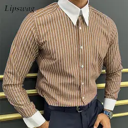 2025 Spring Autumn Mens Casual Shirts Long Sleeve Buttoned Turn-down Collar Patchwork Shirt For Men Vintage Striped Print Shirts