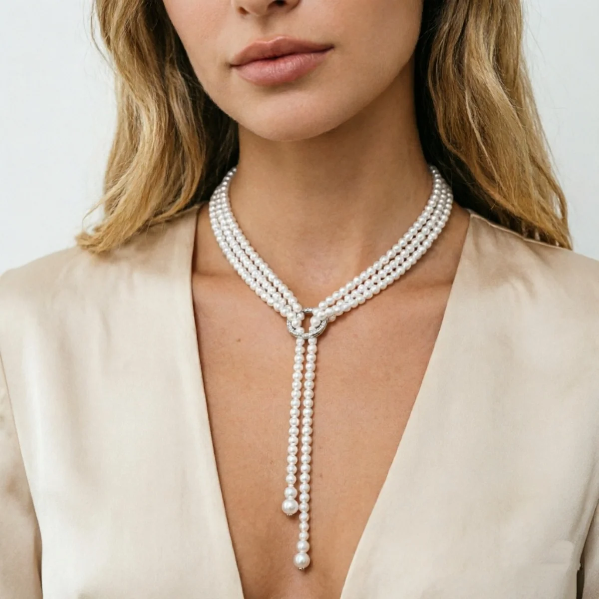 Elegante französische weiße lange Halskette mit kleinen künstlichen Perlen für Damen, Strass-Kreis, verschiedene Tragevarianten, Pulloverkette, Schmuck – Detail 15