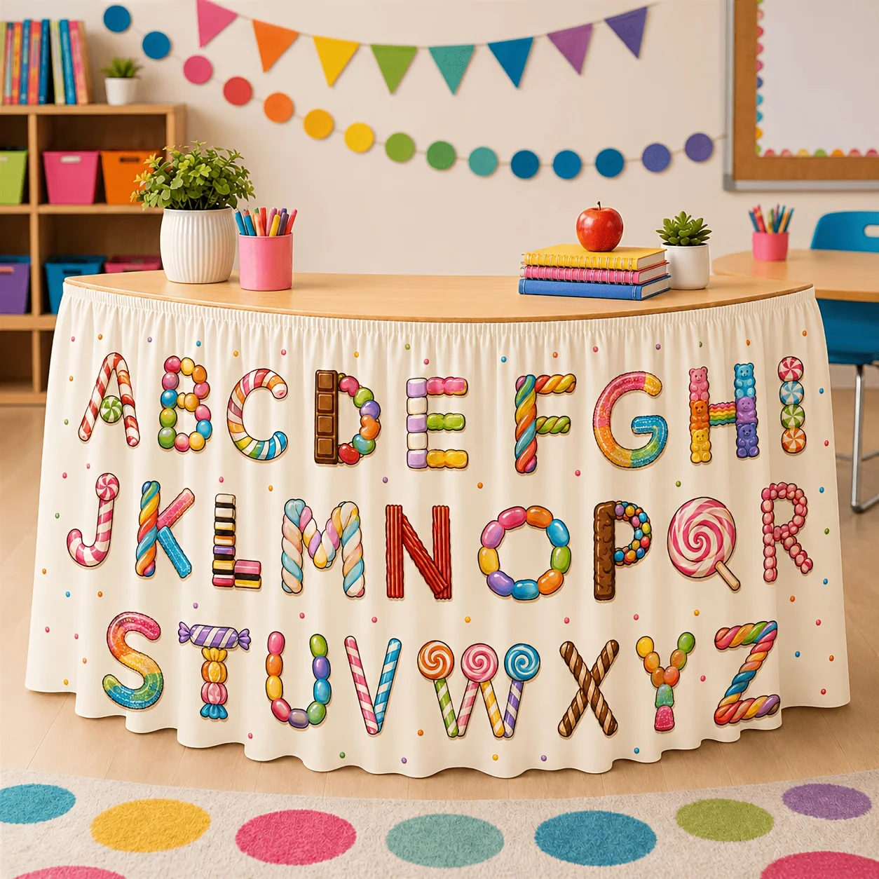 One-piece candy letter ABC tablecloth, featuring letters and numbers, suitable for kindergarten decoration.