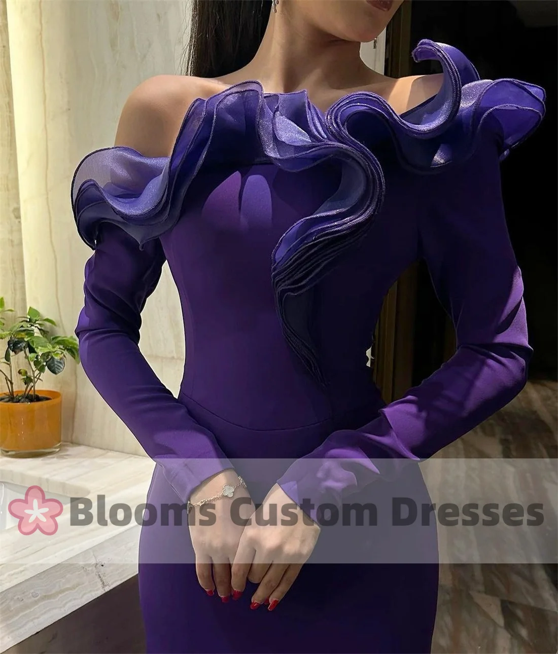 Blooms Purple Off Shoulder Long Sleeves Customized Evening Dresses For Special Occasion Ruffles Party Dress Back Train Prom Gown