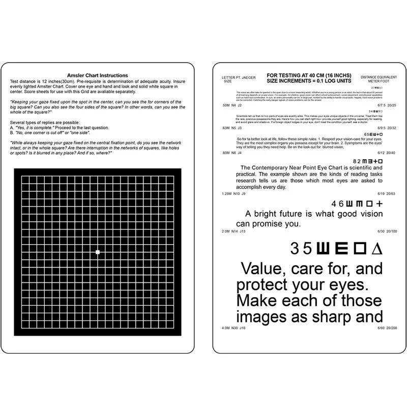 แผนภูมิการทดสอบการมองเห็นระยะใกล้แบบ Logmar Amsler ขนาด 40 ซม. หรือ 16 นิ้ว แบบตัวเลขทศนิยม | สัญลักษณ์และตัวอักษร C ที่ชำรุดพร้อมเครื่องวัดระยะห่างของดวงตา