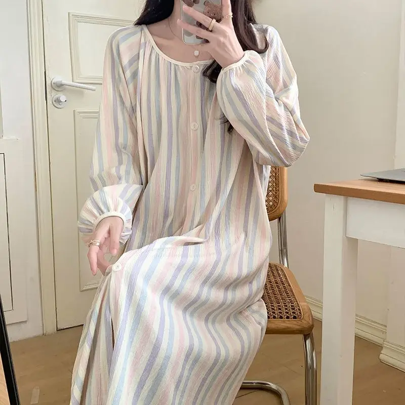 Striped Women Nightgown Lace Sleepwear O-neck Nightwear Korean Fashion Night Dress Long Sleeve Autumn Button One Piece Pajamas