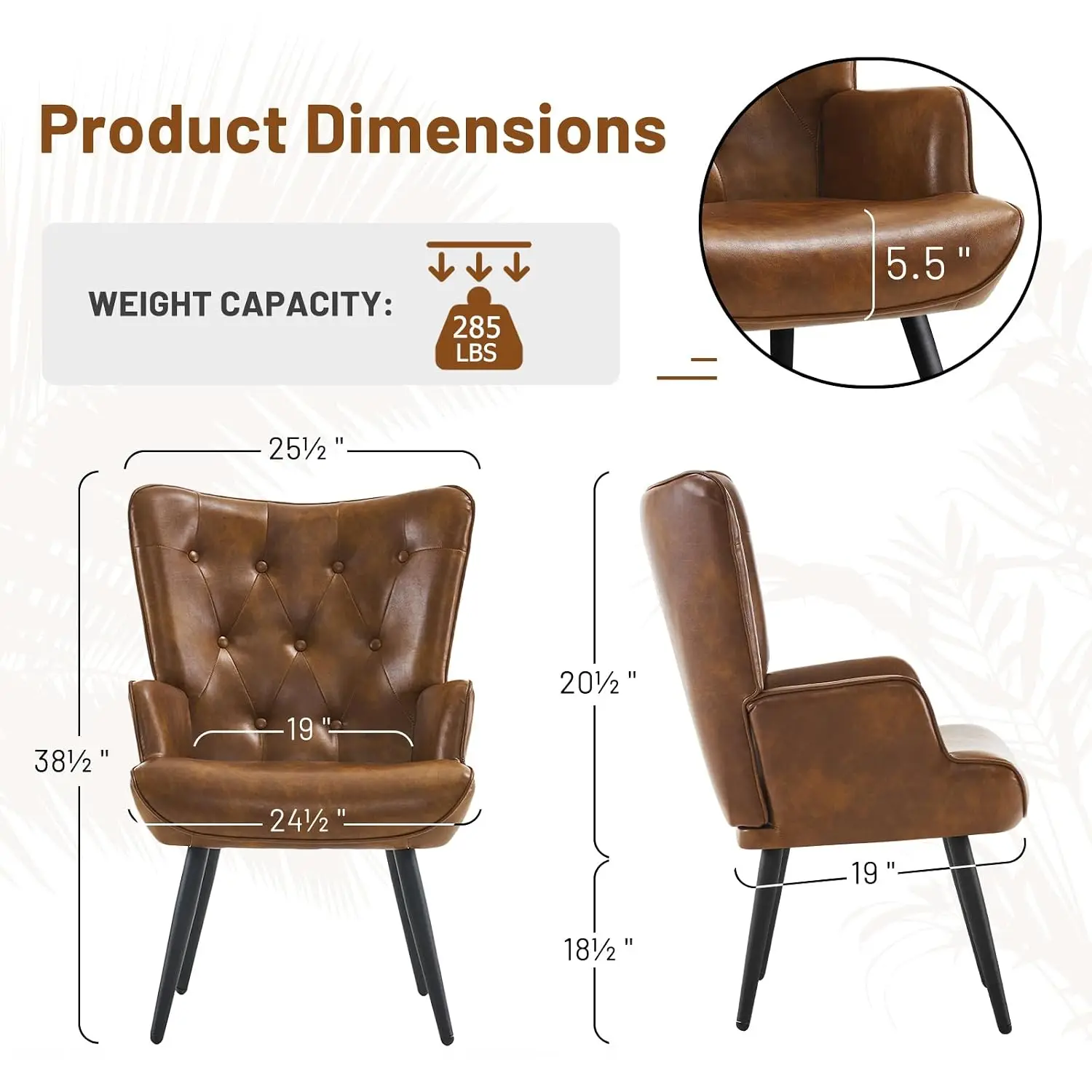 PU Leather Accent Chair, Upholstered High Backrest Tufted Wingback Armchair for Living Room Bedroom Office, Brown, Customized