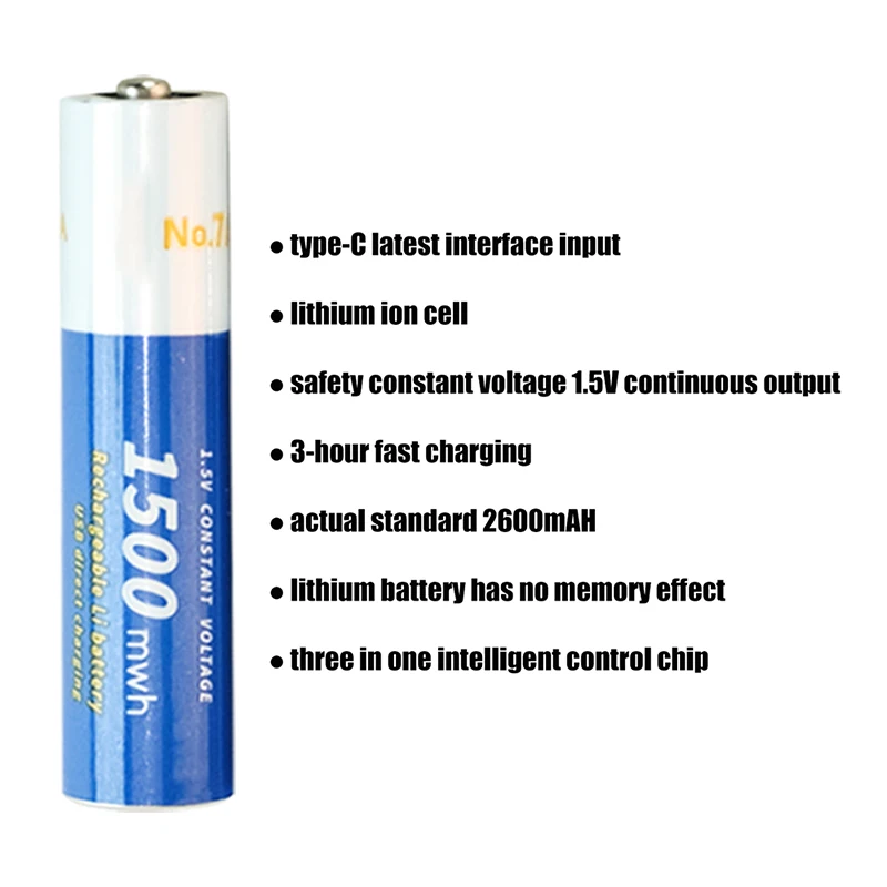 New 1.5vAAA battery Rechargeable lithium battery 1500mWh environment protection USB TYPE-C charging port for direct charging