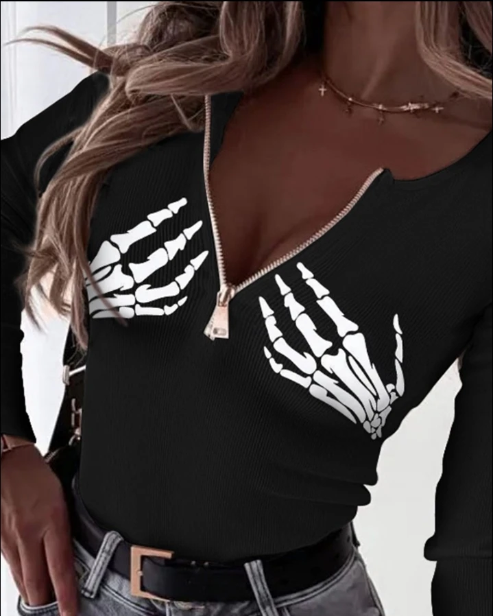 Y2K Top Personalized Women's Long Sleeved Top with Slim Fit and Comfortable Halloween Skull Finger Print Front Zipper Ribbed Top