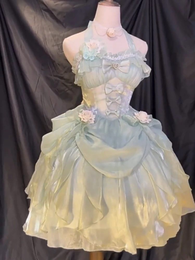 日本オリジナル ロリータ エレガント レディ グリーン JSK ホルタードレス プリンセス風 リボン付き スイート キュート パフドレス