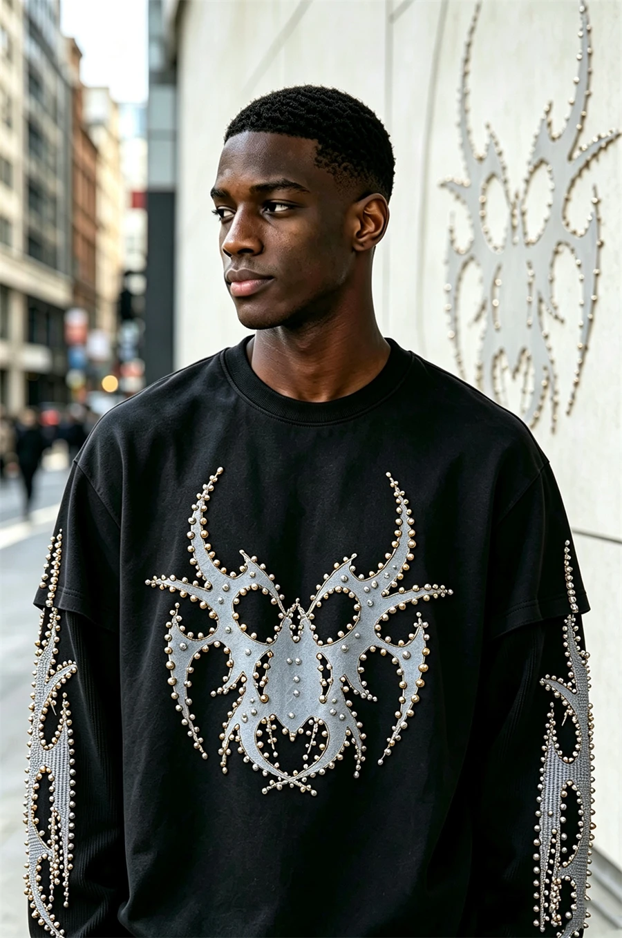 Y2K CHEW Layering Fake Two-Piece Design Cotton Beetle Cracked Retro Print Waffle Long Sleeved Shirt Washed Hip-hop VersatileK