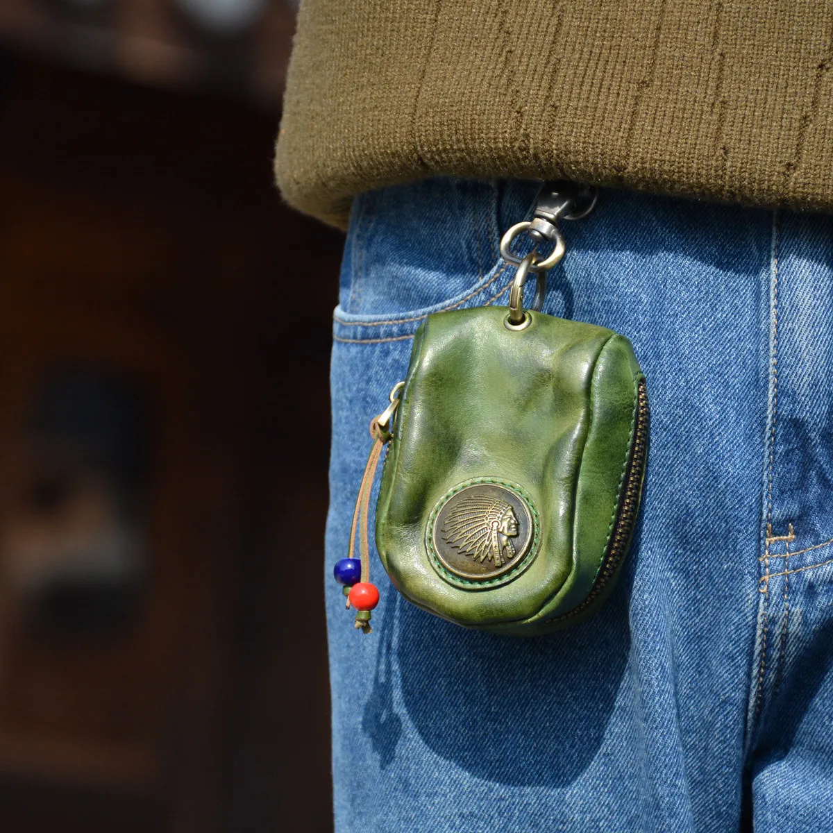 Leather Key Holder Wallet Folded Cowhide Tanned Keys Storage  Hanging Bag Simple Creative Trendy Genuine Coin Purse