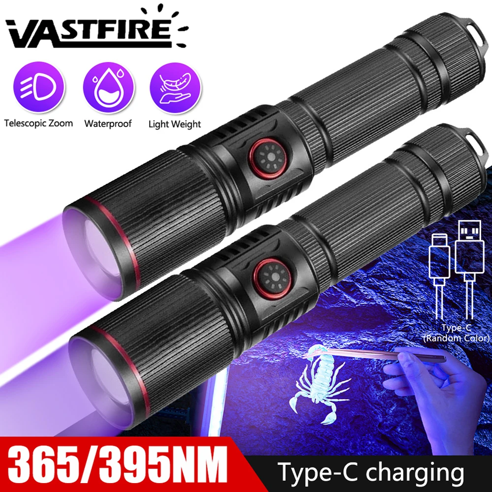 

Zoom UV Flashlight 365nm 395nm Torch Type-C Charging LED Ultraviolet Invisible Ink Marker Pet Urine Ore Money Fluorescence Light