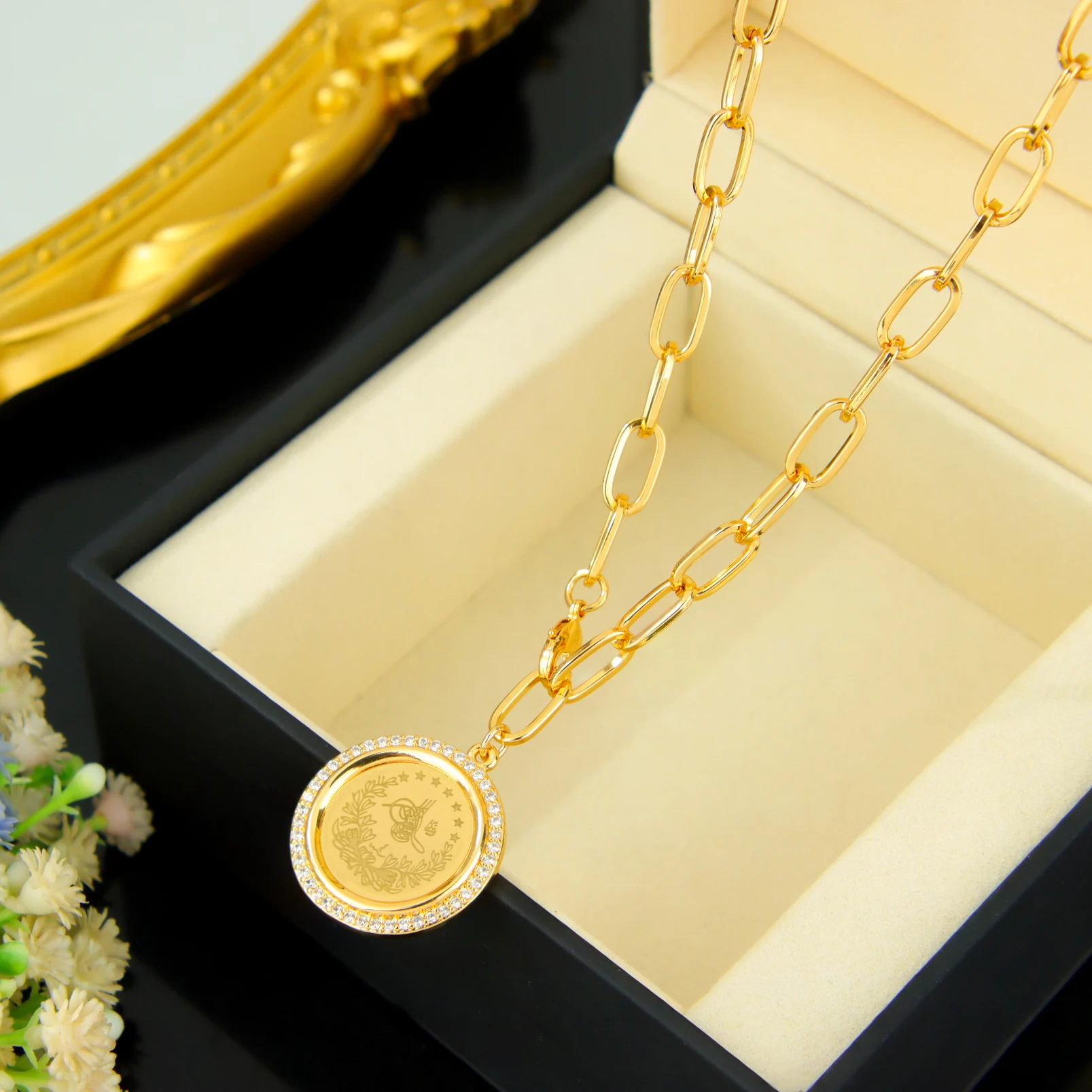 Türkisches Mode-Münzschmuckset 21k Vergoldet Nigeria Braut Hochzeit Zirkonia Halskette Armband Ohrringe Dubai Gold Schmuck – Detail 8