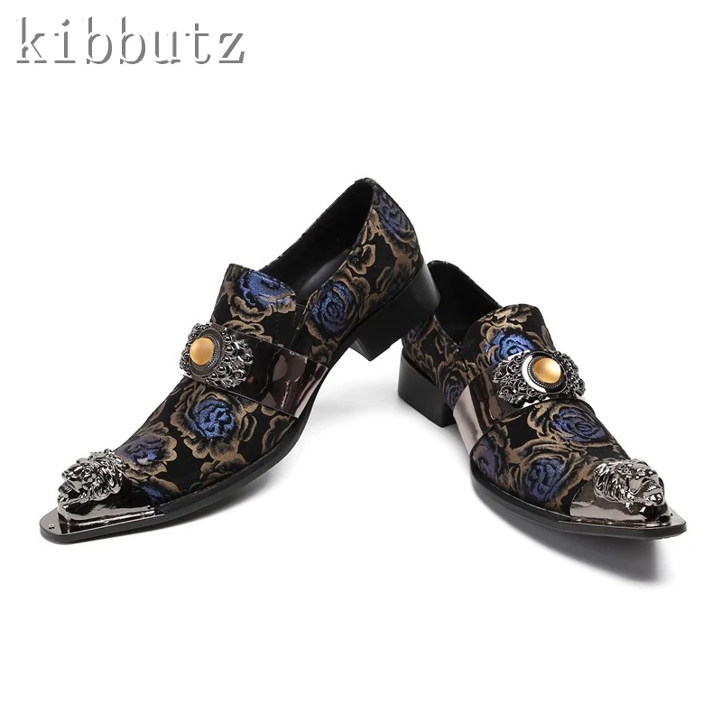 

Luxury Design Metal Pointed Toe Men Shoes Rose Printed Genuine Leather Formal Business Shoes Party Wedding Dress Loafer Shoe