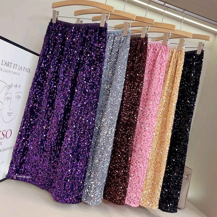 

Women's Summer Long Skirt Stretch High Waist Sequins Beading Skirts High Quality Bodycon Skirt Femme Faldas Jupe Saia