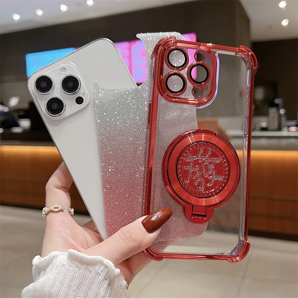 Luxury Wealth Gyro Mount Bracket Case For iPhone 16 15 14 Plus 11 12 13 Pro Max Glitter Shiny Magsafe Stand Soft Shockpoof Cover