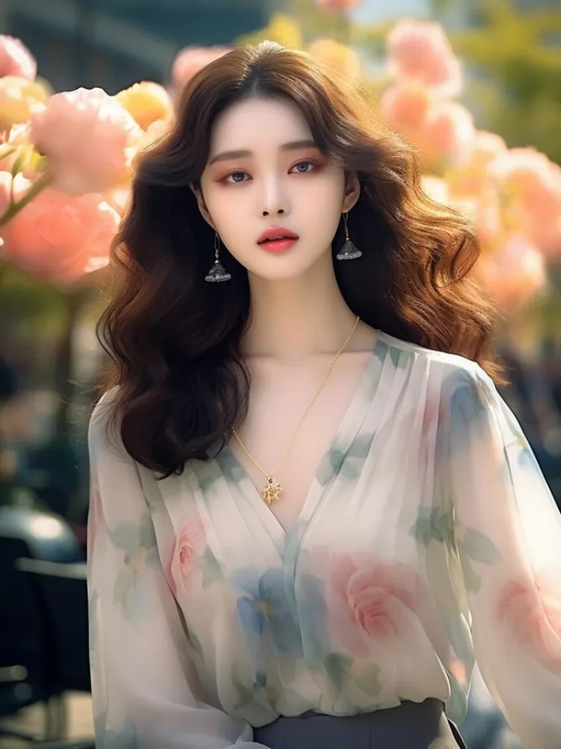 Chiffon Women's Shirt Spring/Summer Vintage Prints Blouses Loose Nine Quarter Women Tops V-necks Fashion Clothing