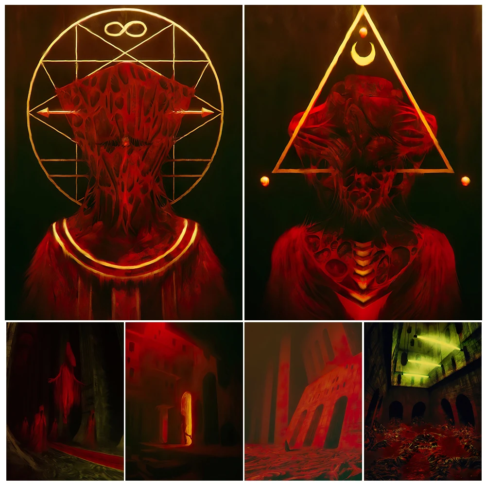 Red Robe Reaper And Pagan Demons Vintage Wall Art Canvas Painting Spooky Demon Palace Art Poster Print Home Decoration Unframed