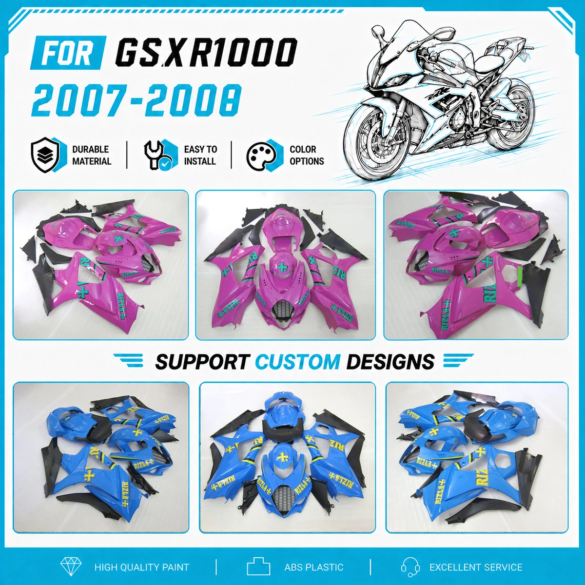 2007 2008 GSXR1000 Fairing Kit Perfect Fit for Suzuki GSXR 1000 07 08 Motorbike ABS Fairings Body kit Cowling Components