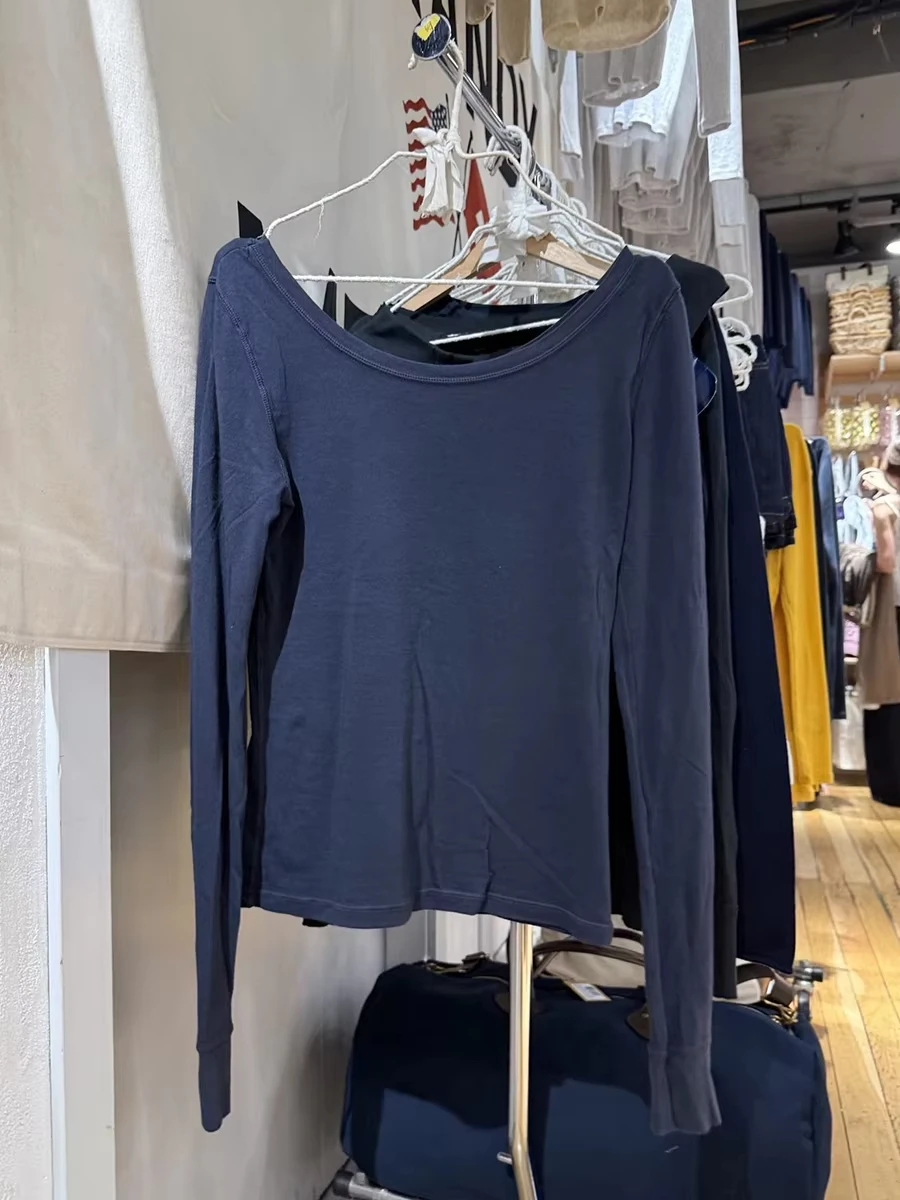 

Navy Long Sleeve T-shirts Woman's tee Autumn Scoop Neck Solid Simple Cotton Tee Shirts Female Vintage Y2k Streetwear All-match