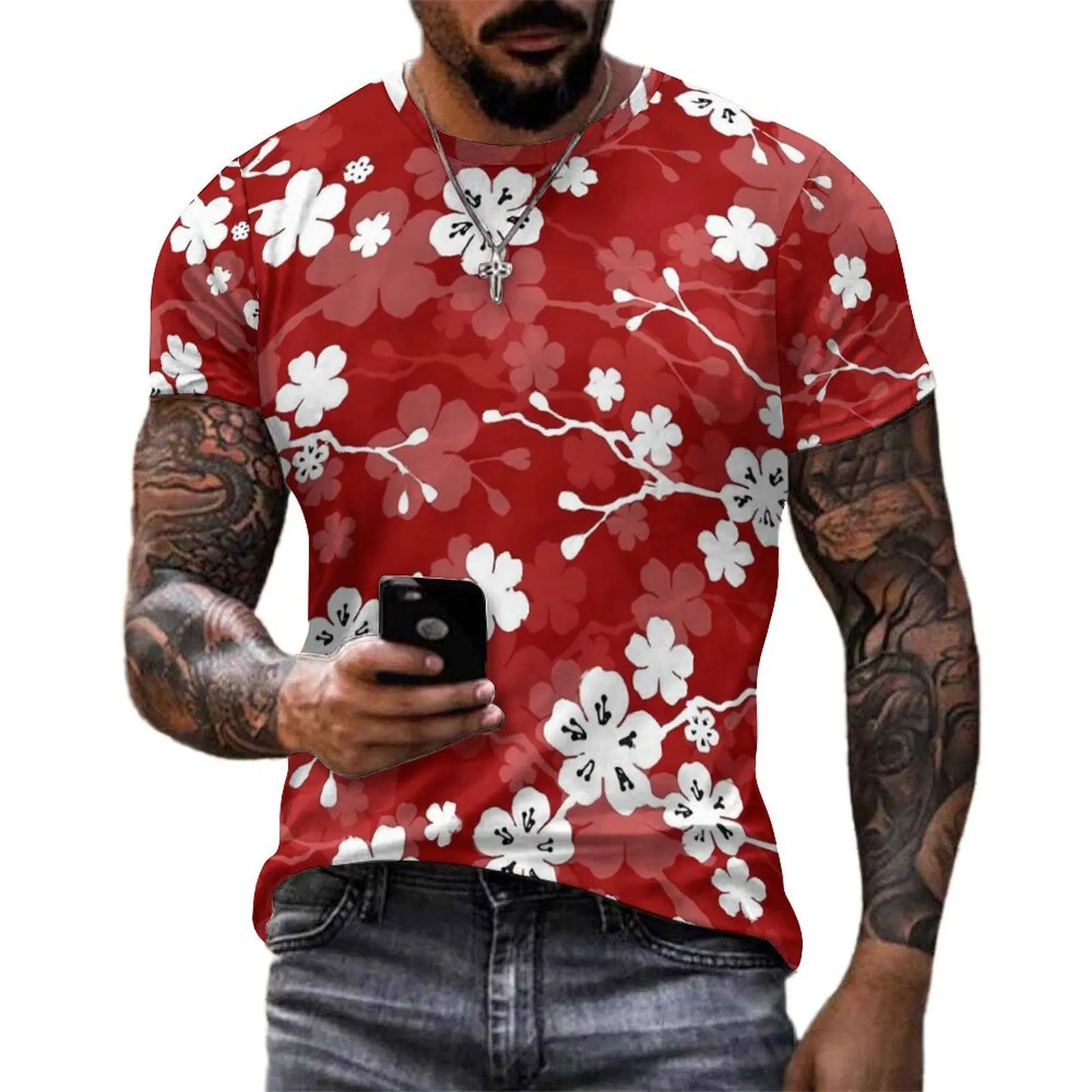 Red And White Floral T Shirt Cherry Blossom Vintage T-Shirts Couple Aesthetic Tshirt Summer Short Sleeve Graphic Tops Big Size