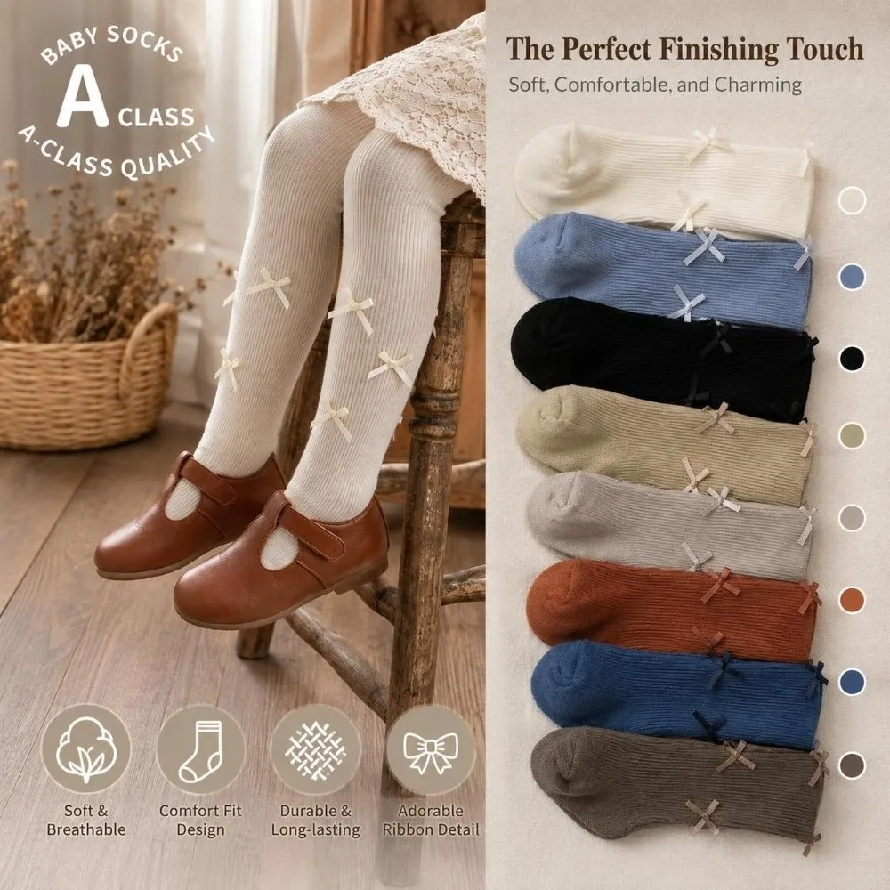 Durable A-Class Cotton Girls Tight Rib Knit Bow Decor Cotton Girls Legging Soft Stretch Kids Pantyhose School Wear
