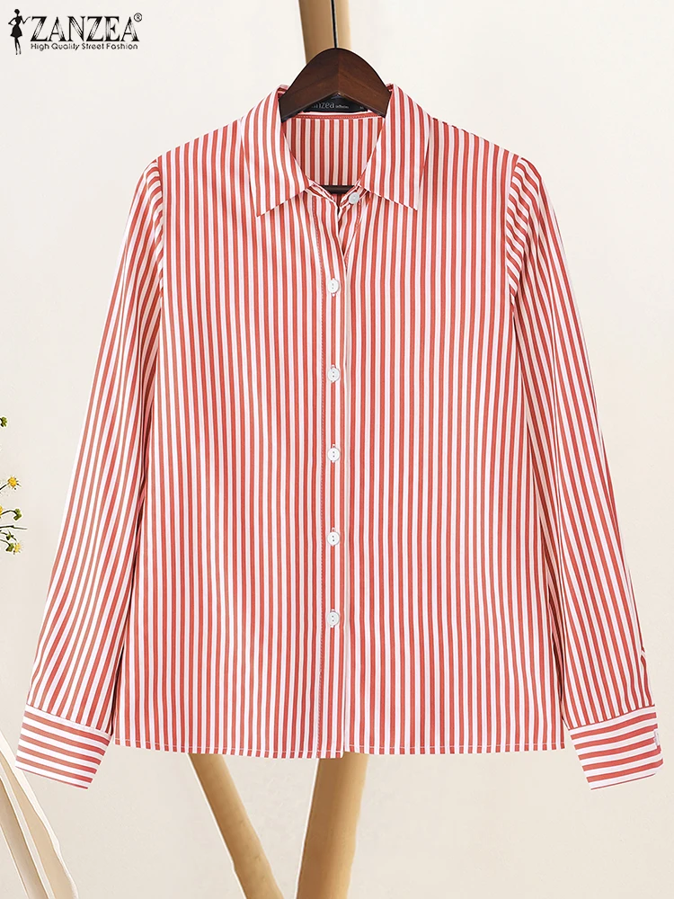 

ZANZEA, женские повседневные рубашки с длинными рукавами, осень 2023, полосатая рубашка с отложным воротником на пуговицах, женская офисная одежда для поездок на работу