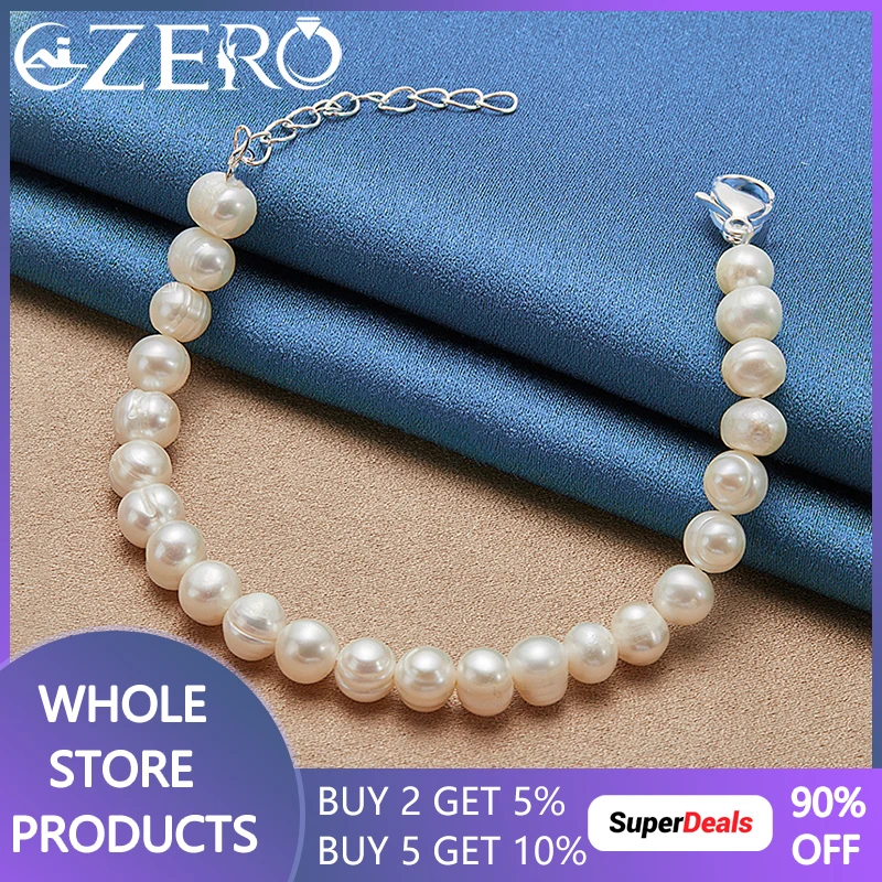 ALIZERO 925 Sterling Silver 7-8mm Man-Made Pearl Bracelet For Women Wedding Engagement Party Lady Fashion Jewelry Gifts