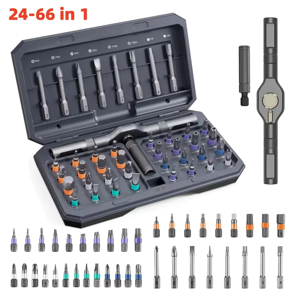 24-66 in 1 Magnetic Screwdriver Set DIY Ratchet Screwdriver Set Multi Bit Drive Set with Detachable Ratchet Handle for Compute