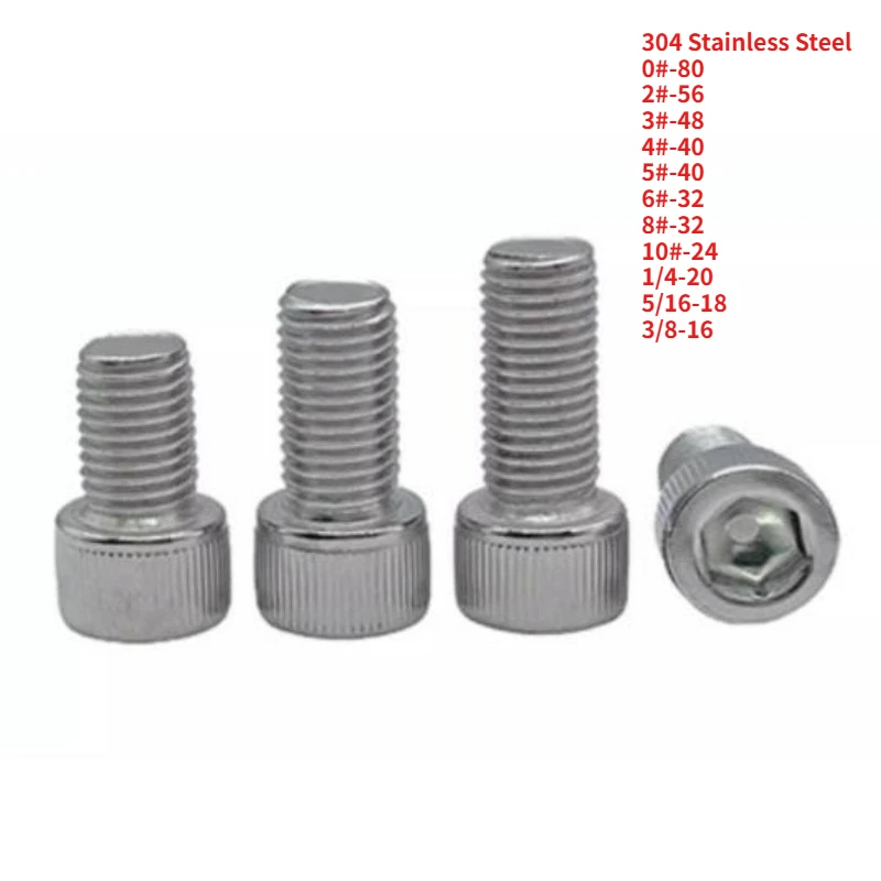 UNF/UNC 0#-80 2#-56 4#-40 6#-32 8#-32~3/8-16 US Coarse Thread 304 A2 Stainless Steel  Hexagon Socket Cap Allen Head Screw Bolt
