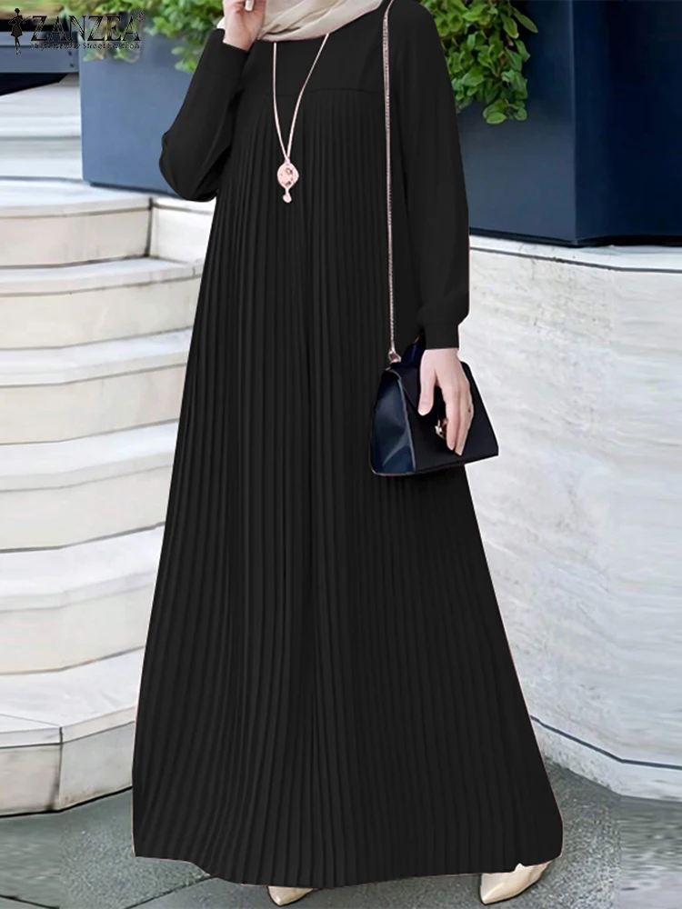 Autumn Elegant Long Sleeve Pleated Sundress ZANZEA Muslim Abaya Hijab Dress Fashion Casual IsIamic Clothing Dubai Maxi Robe 2024