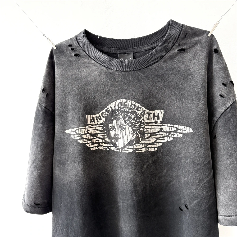 

Hole Washed Saint Death Angel T-Shirt Men Women Best Quality Top T Shirt Tee Tops