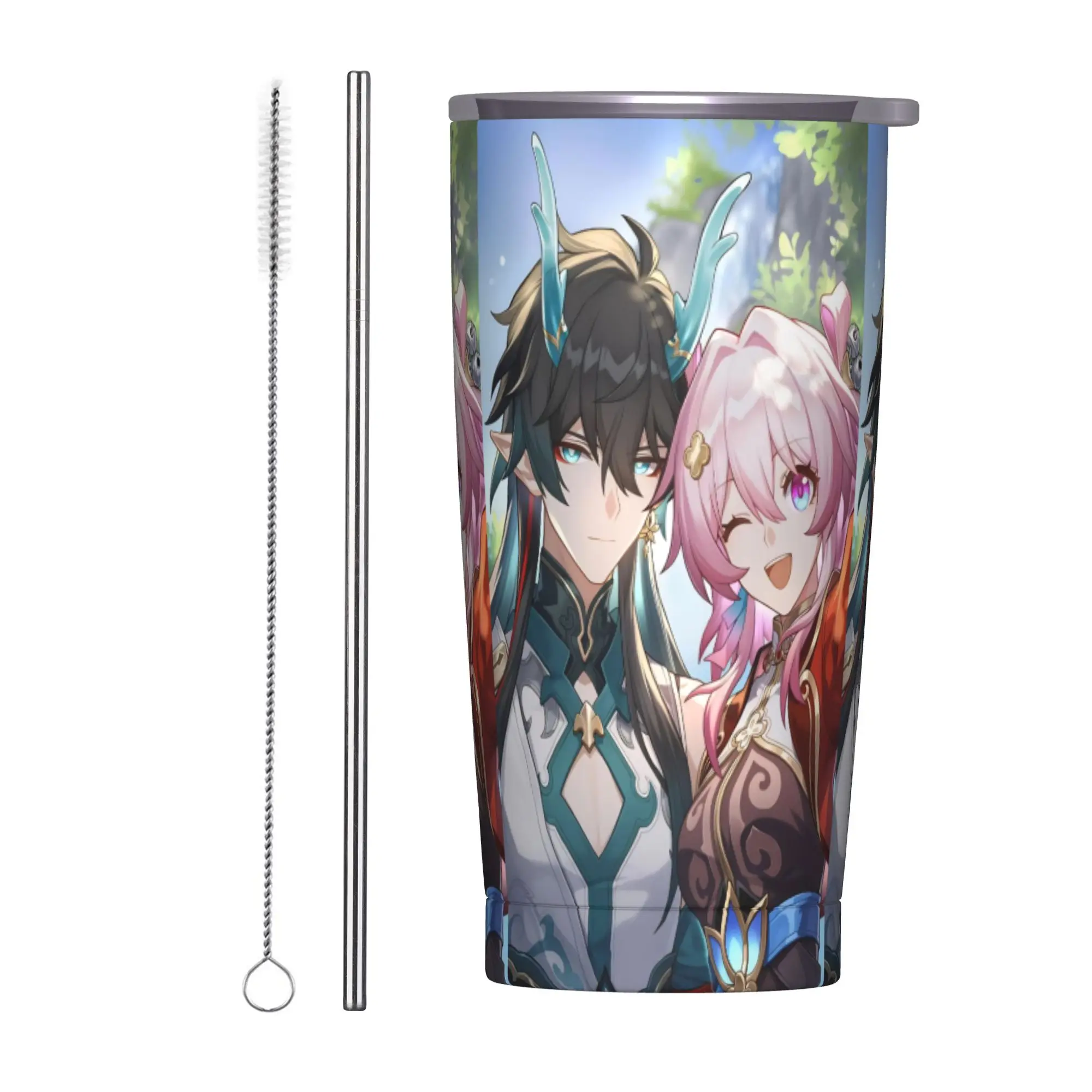 Dan Heng and March 7th Insulated Tumbler with Lid Honkai Anime Vacuum Thermal Mug Outdoor Travel Hot Cold Drink Cup, 20oz