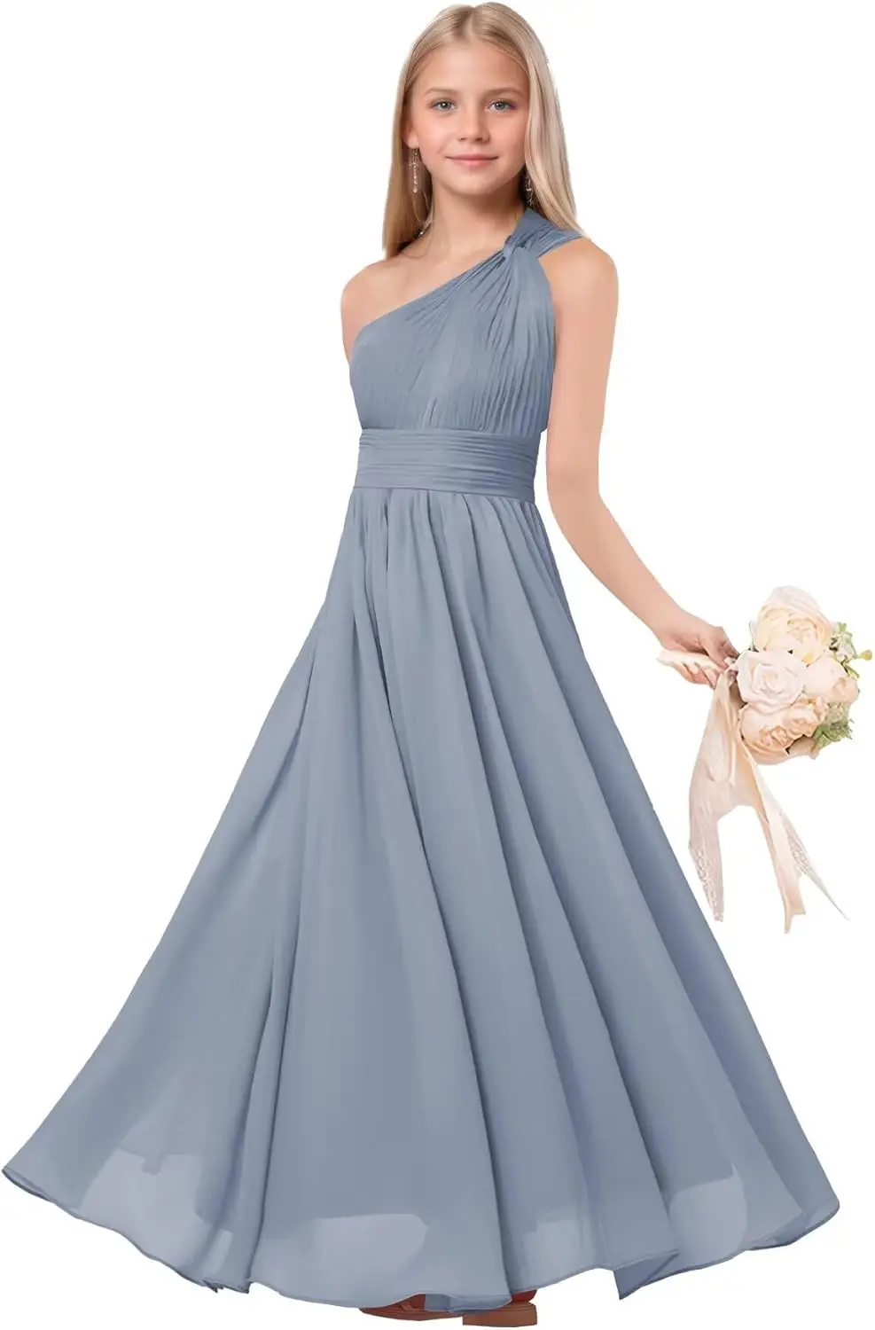 A-Linie One-Shoulder-Kleider für junge Brautjungfern, plissiertes Chiffon-Blumenmädchenkleid für die Hochzeit, Festzugskleid für Teenager-Mädchen
