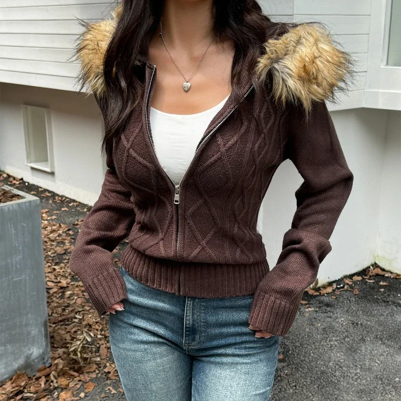 

Sweater Coat Women Knitted Jacket Hoodie Cardigan Zipper Simple Solid Slim Fit Retro Female Coats Autumn Winter Outerwear 2025