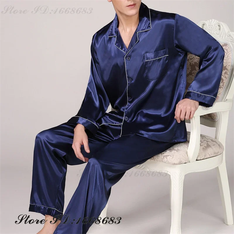 Large Size 3XL Men 2PCS Pajamas Set Loungewear Burgundy Silk Satin Bridegroom Wedding Sleepwear Gift Loose Trouser Pijamas Suit