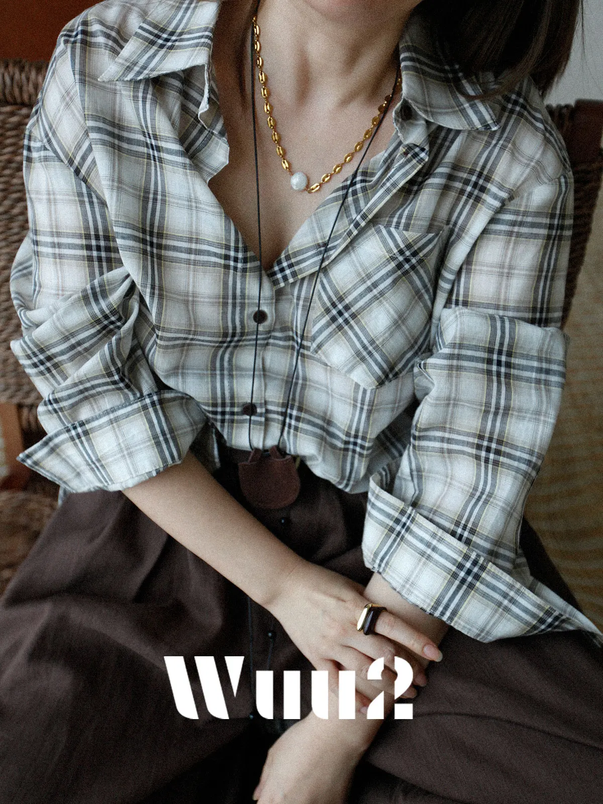 

Wuu2 Basque College Vintage Style Loose Fit Long Sleeve Thin Checkered Shirt Women's Anti-Aging Worn-look Top