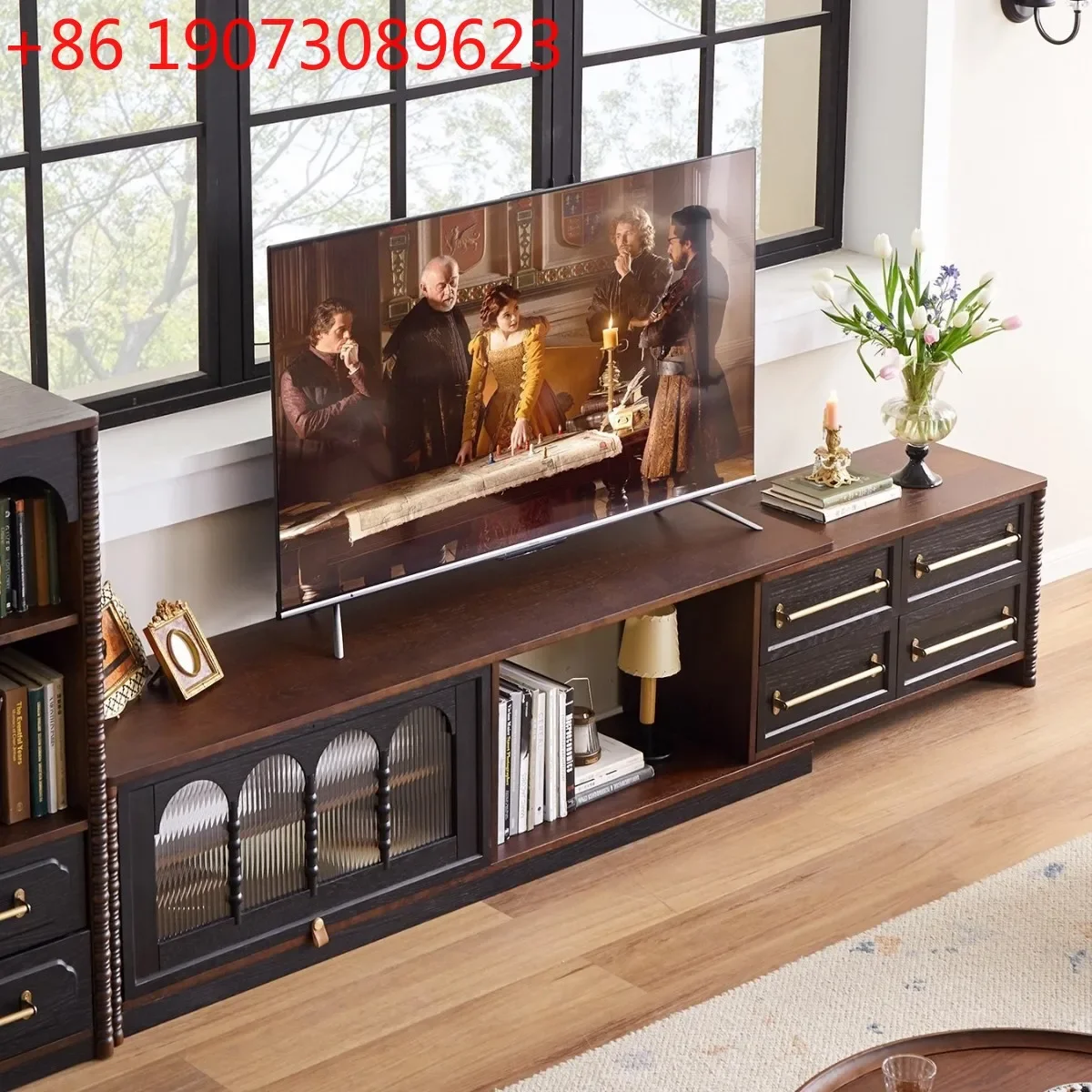 French solid wood TV cabinet, household living room storage telescopic locker, small apartment retro floor audio-visual cabinet