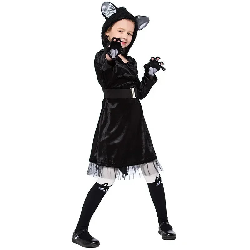 Kids Black Cat Hooded Dress Cosplay For Girls Halloween Masquerade Party Costume