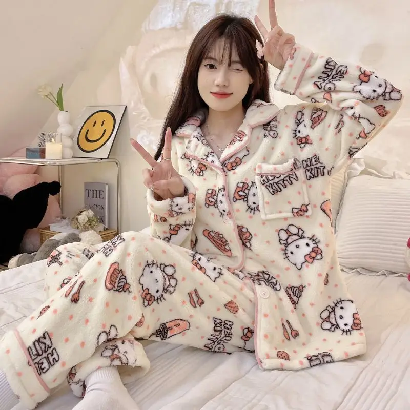 Hello Kitty Cute Coral Velvet Pajamas for Women In Winter Thickened Velvet Student Home Clothes Can Be Worn Outside The Suit