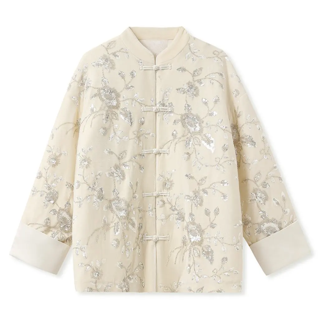 

Chinoiserie Sequin Embroidered Long-Sleeved Jacket Winter Elegant National Style Design Cotton Outwear for Women
