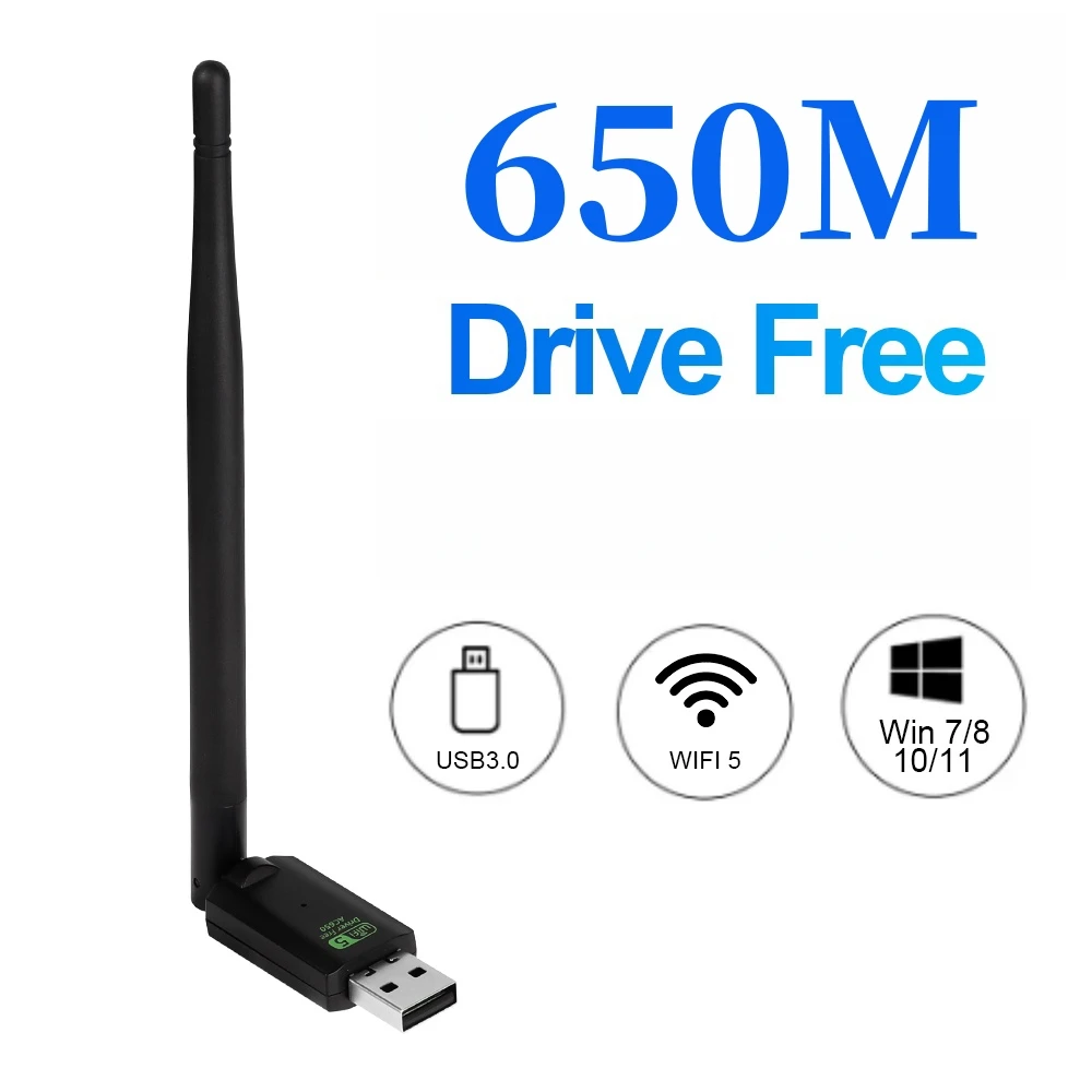 Adaptador WiFi USB de 650Mbps, banda Dual, 2,4G, 5Ghz, tarjeta de red inalámbrica 802.11AC, RTL8811, Dongle, antena, unidad gratuita, receptor Wifi