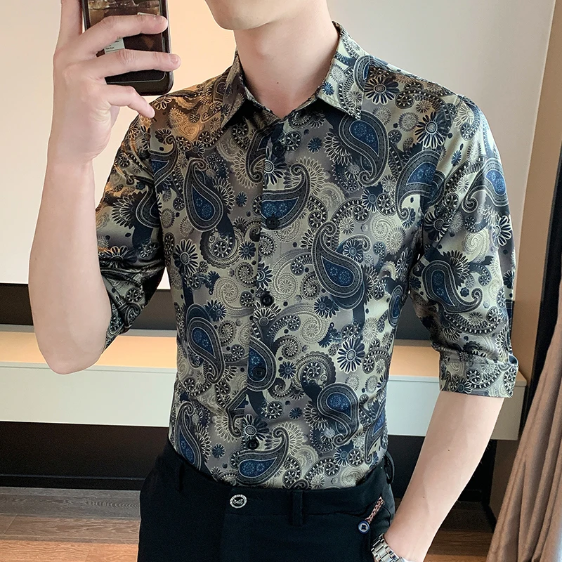 NOVEDAD DE VERANO 2024, camisa para hombre, camisa de manga media con flores fragmentadas a la moda, camisa ajustada con estampado de lujo de alta calidad, talla 4XL-M