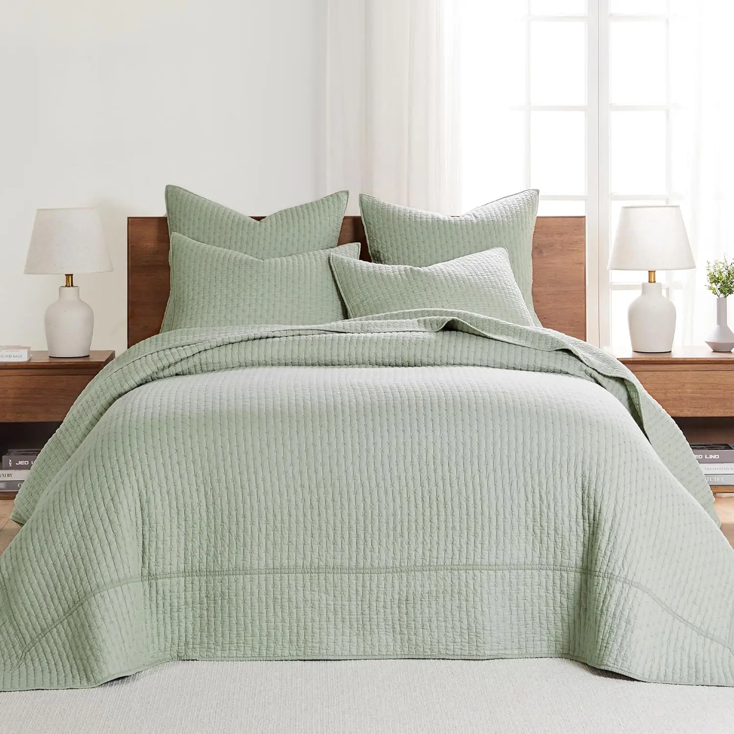 

King Bedspread Set with Cross Stitch Texture - 120x104in Oversized, 100% Cotton, Pre-Washed, Desert Sage