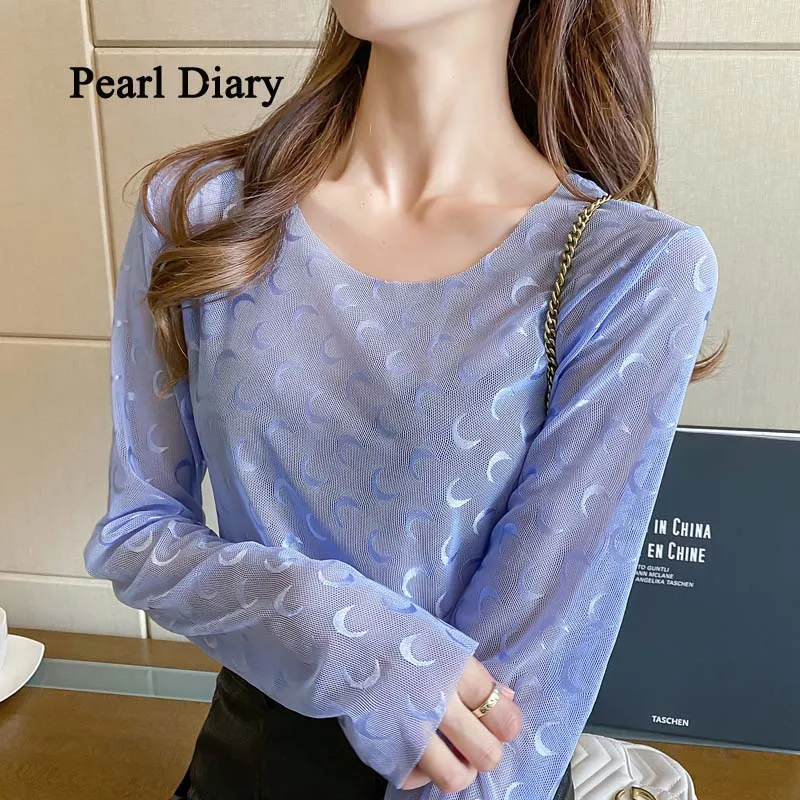 Pearl Diary Moon Crescent Base Shirt Thin Printing Fashion Woman Blouses   New Style Circle-Neck Sunscreen Shirt