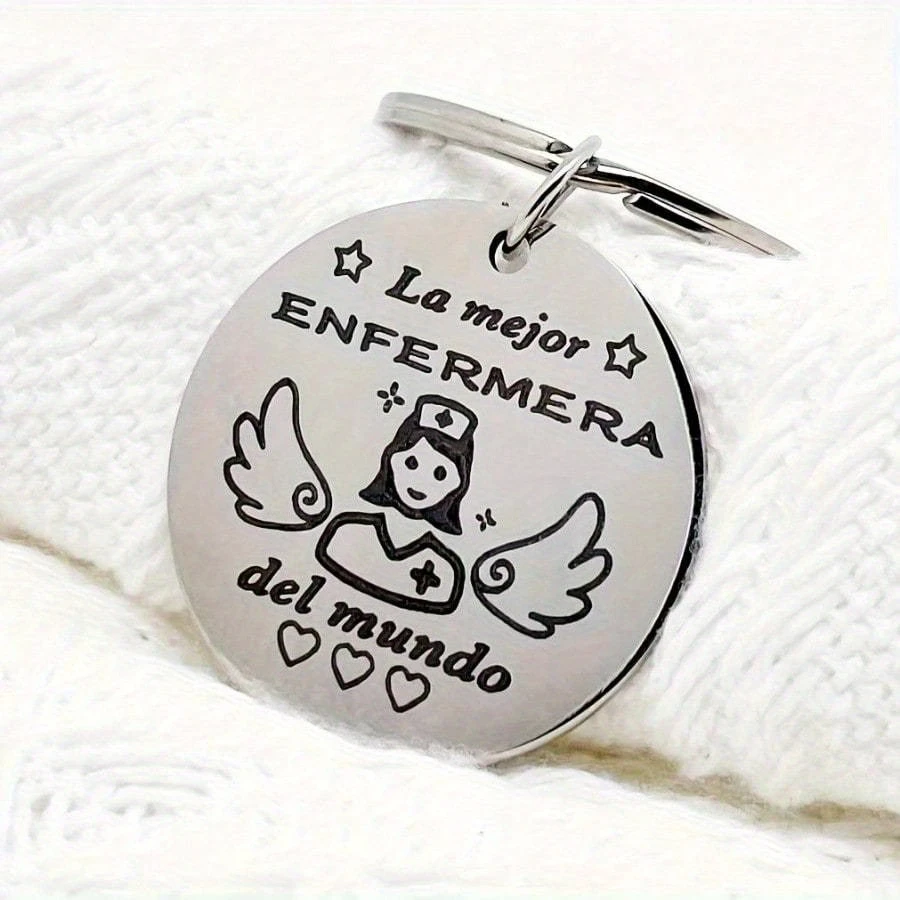 Stainless Steel Nurse Keychain, Angel Design with Spanish "The Best NURSE in The World" Engraving, Ideal Gift for Nurses